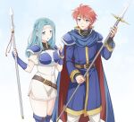  1boy 1girl aqua_hair armor blue_eyes blue_footwear blue_gloves boots breastplate cape commentary_request dress eliwood_(fire_emblem) fingerless_gloves fiora_(fire_emblem) fire_emblem fire_emblem:_the_blazing_blade gloves ham_pon headband highres holding holding_polearm holding_weapon long_hair long_sleeves pegasus_knight_uniform_(fire_emblem) polearm redhead short_dress short_hair short_sleeves side_slit simple_background smile thigh_boots weapon white_dress 