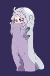  1girl blush full_body goomy gotoroku_(pkg) grey_eyes hands_up highres long_hair looking_at_viewer personification pokemon purple_background purple_hair sleeping_bag solo standing 