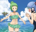  2girls blue_hair blue_one-piece_swimsuit blush clouds eden&#039;s_zero floating_island gaston18 green_hair green_one-piece_swimsuit hermit_mio highres kleene_(eden&#039;s_zero) multiple_girls ocean one-piece_swimsuit short_hair sky smile swimsuit water 