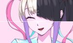  :d ^_^ ame-chan_(needy_girl_overdose) black_hair blonde_hair blue_hair blue_shirt chouzetsusaikawa_tenshi-chan closed_eyes dual_persona eencya facing_viewer long_hair multicolored_hair needy_girl_overdose official_art open_mouth pink_background pink_hair pixel_art portrait purple_hair sailor_collar second-party_source shirt smile 