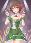  1girl anti_(untea9) audience brown_hair dress glowstick green_dress highres idol idol_clothes kantai_collection mutsuki_(kancolle) open_mouth redhead short_hair smile stage stage_lights 