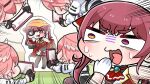  2girls cardboard_cutout cellphone commentary_request emphasis_lines gloves head_wings heterochromia highres holding holding_phone hololive houshou_marine komainu_channel multiple_girls open_mouth orange_eyes phone pink_hair red_eyes redhead short_hair smartphone surprised sweatdrop takane_lui taking_picture twintails virtual_youtuber white_gloves wings 