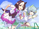  2girls animal_ears aqua_eyes dress frilled_skirt frilled_sleeves frills green_shorts highres horse_ears horse_girl horse_tail houton_tamago multicolored_hair multiple_girls open_mouth outdoors running seiun_sky_(umamusume) short_hair shorts skirt special_week_(umamusume) tail thigh-highs two-tone_hair two-tone_shirt umamusume violet_eyes white_dress white_thighhighs 