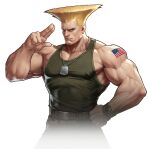  american_flag belt blonde_hair dog_tags guile hand_on_own_hip impossible_hair jewelry muscular muscular_male necklace salute serious simple_background street_fighter tank_top two-finger_salute watch watch 