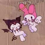 angel_wings arms_behind_head black_hood blush_stickers cardboard closed_eyes crossed_legs cryptidhermit demon_tail demon_wings eyelashes halo kuromi my_melody no_humans onegai_my_melody open_mouth sanrio solid_oval_eyes tail white_wings wings yellow_halo