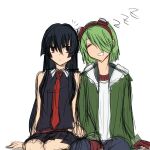 1boy 1girl ^^^ akame akame_ga_kill! black_hair black_skirt green_eyes long_hair looking_to_the_side lubbock red_eyes red_tie sitting sleeping_on_person zzz