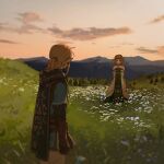  1boy 1girl absurdres armlet blonde_hair blue_tunic cape champion&#039;s_tunic_(zelda) choker clouds earrings gloves grass half_updo headdress highres jewelry leather leather_gloves link medium_hair mountainous_horizon necklace outdoors parted_bangs plain pointy_ears princess_zelda short_hair sidelocks smile the_legend_of_zelda the_legend_of_zelda:_tears_of_the_kingdom toga tunic twilight yuno_11_02 
