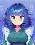  1girl blue_background blue_eyes blue_hair blush breasts drill_hair fins green_kimono harakune_(mugennero) head_fins highres japanese_clothes kimono large_breasts long_hair long_sleeves looking_at_viewer obi parted_lips sash solo touhou upper_body wakasagihime 