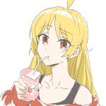  1girl bare_shoulders blonde_hair bocchi_the_rock! choker collarbone drinking_straw drinking_straw_in_mouth gobou_(kkggbpn4g27) highres ijichi_seika juice_box long_hair off-shoulder_sweater off_shoulder orange_eyes simple_background sweater upper_body 