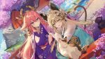  2girls alternate_costume animal_ears aqua_kimono cat cat_ears cat_girl cat_tail closed_mouth fox_ears fox_girl genshin_impact green_eyes hair_between_eyes highres japanese_clothes kimono kirara_(genshin_impact) kirara_(post_office)_(genshin_impact) light_brown_hair long_hair long_sleeves looking_at_another multicolored_hair multiple_girls multiple_tails necomi nekomata official_alternate_costume outdoors parted_lips pink_hair purple_kimono sidelocks smile streaked_hair tail violet_eyes wide_sleeves yae_miko 