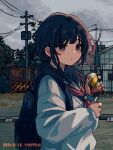  1girl backpack bag black_bag black_hair brown_eyes building bush can closed_mouth dated dithering dot_nose holding holding_can lamppost long_hair low_twintails nanami_yuki_(yuki77mi) neckerchief original outdoors pixel_art plant red_neckerchief sailor_collar shirt standing traffic_barrier twintails upper_body white_shirt 