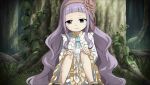  1girl dress flower forest gate_of_nightmares grass hair_flower hair_ornament highres iris_(gate_of_nightmares) long_hair looking_at_viewer nature official_art outdoors plant purple_hair red_flower red_rose rose sitting solo tree violet_eyes white_dress 
