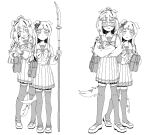  4girls animal_ears bag bow bowtie closed_mouth crossed_arms domino_mask dual_persona ears_down el_condor_pasa_(umamusume) frown full_body grass_wonder_(umamusume) greyscale highres holding holding_polearm holding_weapon horse_ears horse_girl horse_tail jitome long_hair long_sleeves looking_at_viewer mask monochrome multiple_girls naginata oo_sungnim open_mouth pleated_skirt polearm ponytail sailor_collar school_bag school_uniform shoes skirt standing sweatdrop tail tearing_up thigh-highs tracen_school_uniform umamusume v-shaped_eyebrows weapon 