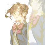  2girls aijou_karen arms_at_sides blue_eyes bow bowtie brown_eyes brown_hair closed_mouth collared_shirt crown_hair_ornament ellie_niunai_zhuyi_zhe floating_hair from_side grey_jacket hair_between_eyes hair_ornament hair_over_one_eye hairclip highres jacket kagura_hikari long_hair long_sleeves looking_ahead looking_at_another looking_to_the_side multiple_girls open_clothes open_jacket parted_lips profile red_bow red_bowtie school_uniform seishou_music_academy_uniform shirt short_hair shoujo_kageki_revue_starlight simple_background two_side_up upper_body white_background white_shirt 