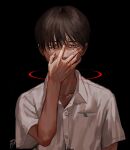  1boy arm_up black_background breast_pocket circle collarbone collared_shirt covered_mouth dress_shirt grey_eyes hair_over_one_eye hand_on_own_face hand_up highres hikaru_ga_shinda_natsu looking_at_viewer male_focus mokumokuren_(mokmok_len) pocket school_uniform shirt short_hair short_sleeves signature simple_background solo tearing_up tsujinaka_yoshiki upper_body white_shirt 