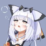  1girl arknights blue_background bright_pupils dot_nose drooling grey_shirt headgear lowres medium_hair open_mouth orange_eyes owl_ears owl_girl ptilopsis_(arknights) shirt sleep_bubble solo thick_eyelashes upper_body white_hair white_pupils 