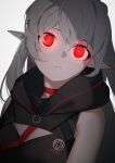  1girl absurdres ao_oni_(onioni-aoi) arknights choker colored_skin cross cross_earrings earrings glowing glowing_eyes highres jewelry pale_skin pointy_ears red_choker red_eyes solo vampire warfarin_(arknights) white_hair white_skin 