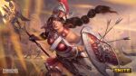  1girl absurdres armor artist_name athena_(smite) brown_hair copyright_name green_eyes helmet highres holding holding_polearm holding_shield holding_weapon logo long_hair official_alternate_costume outdoors polearm ponytail scar_on_shoulder shield silvia_meiliani smite solo_focus weapon 