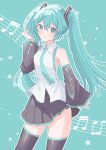  1girl absurdres aqua_background aqua_eyes aqua_hair aqua_necktie bare_shoulders beamed_eighth_notes beamed_sixteenth_notes black_sleeves collared_shirt contrapposto cowboy_shot detached_sleeves floating_clothes frilled_shirt frills hair_ornament hand_in_own_hair hatsune_miku highres long_hair looking_at_viewer mokoinu_(pixiv_27216243) musical_note musical_note_background necktie outline pleated_skirt shirt skindentation skirt sleeveless sleeveless_shirt smile solo star_(symbol) thigh-highs twintails untucked_shirt very_long_hair vocaloid white_outline white_shirt wide_sleeves wind wind_lift 
