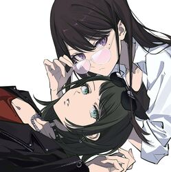  2girls adjusting_eyewear aqua_eyes arm_support bang_dream! bang_dream!_it&#039;s_mygo!!!!! black_choker black_hair black_jacket black_shirt chain_necklace choker closed_mouth collarbone collared_shirt earrings eyewear_on_head from_side hair_behind_ear hair_between_eyes hand_up highres jacket jewelry long_hair looking_at_viewer looking_to_the_side lying medium_hair mole mole_under_eye multiple_girls necklace o-ring o-ring_choker on_back on_stomach open_clothes open_jacket open_shirt parted_lips pink-tinted_eyewear ringo_orihara shiina_taki shirt sidelocks simple_background sleeves_past_elbows sleeves_pushed_up studded_choker sunglasses tinted_eyewear upper_body v-shaped_eyebrows violet_eyes white-framed_eyewear white_background white_shirt yahata_umiri zipper 