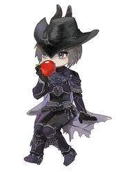  1girl androgynous apple arm_support armor black_eyes black_gloves black_hair black_headwear black_pants breastplate cape chibi eating expressionless final_fantasy final_fantasy_xiv food fruit full_body gg_dal gloves greaves hand_up hat hat_feather holding holding_food holding_fruit invisible_chair looking_afar no_nose o-ring open_mouth pants purple_cape purple_scarf reaper_(final_fantasy) reverse_trap scarf short_hair simple_background sitting solo tricorne white_background zero_(ff14) 