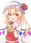  1girl ascot blonde_hair burger cowboy_shot crystal dress eating fang flandre_scarlet food hat hat_ribbon highres long_hair mob_cap open_mouth pointy_ears red_dress red_eyes ribbon serichii side_ponytail simple_background skin_fang touhou white_background 