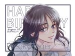  1girl black_hair blue_eyes character_name commentary_request happy_birthday head_rest long_hair pieck_finger portrait shingeki_no_kyojin smile solo twitter_username wavy_hair yanase_814 