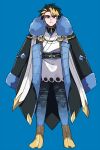  1boy blue_background blue_eyes empoleon full_body fur_trim gotoroku_(pkg) highres japanese_clothes kimono male_focus multicolored_hair personification pokemon short_hair solo standing two-tone_hair white_kimono yellow_footwear 