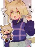  animal_ear_fluff animal_ears arm_up black_nails blonde_hair blue_skirt blush chibi chibi_inset closed_mouth commentary cowboy_shot double-parted_bangs fang fingernails flipped_hair hand_up highres long_sleeves looking_to_the_side medium_hair miniskirt n_a_i_neko no_nose open_mouth outline paw_pose paw_print plaid plaid_background pleated_skirt puffy_long_sleeves puffy_sleeves purple_sweater shoes sidelocks simple_background skirt sweater symbol-only_commentary tail tareme turtleneck turtleneck_sweater unusually_open_eyes urotsuki white_background white_outline wolf_ears wolf_girl wolf_tail yellow_eyes yume_2kki 