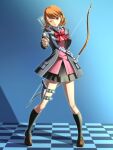  1girl black_socks bow_(weapon) brown_hair chiga_akira coat full_body gun highres holding holding_bow_(weapon) holding_weapon holster loafers looking_at_viewer one_eye_closed persona persona_3 persona_3_reload red_eyes shoes short_hair skirt smile socks solo swept_bangs takeba_yukari thigh_holster thumbs_up tile_floor tiles uniform weapon 