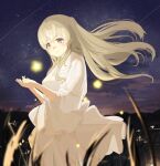  1girl blonde_hair blurry blurry_foreground cupping_hands dot_nose dress dusk glowing highres idolmaster idolmaster_shiny_colors long_hair mountainous_horizon night night_sky outdoors own_hands_together raichita shooting_star sidelocks sky solo standing star_(sky) star_(symbol) starry_sky violet_eyes wheat white_dress yukoku_kiriko 