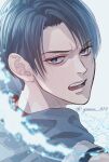  1boy black_hair blue_eyes commentary_request from_behind highres levi_(shingeki_no_kyojin) looking_at_viewer looking_back male_focus open_mouth portrait shingeki_no_kyojin solo splashing twitter_username yanase_814 