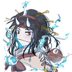  1other androgynous black_hair blue_fire brown_kimono burabura candle_on_head fire hairband headband horns japanese_clothes kimono len&#039;en medium_hair mouth_hold multiple_hairpins other_focus portrait proton-bonfire red_eyes red_hairband red_headband taira_no_chouki white_horns 