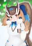  1girl animal_ears brown_eyes brown_hair chipmunk_ears chipmunk_girl chipmunk_tail extra_ears gloves kemono_friends kemono_friends_v_project microphone outdoors ribbon shirt short_hair shorts siberian_chipmunk_(kemono_friends) simple_background solo sun3_bears tail vest virtual_youtuber 