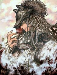  1boy araken black_nails blood blood_splatter blood_spray brown_jacket claws commentary crazy_smile fog fusaishi_haruaki glowing glowing_eyes holding holding_weapon jacket light_smile looking_at_viewer male_focus moon profile raging_loop red_moon shaded_face simple_background smile symbol-only_commentary upper_body weapon wolf_mask yellow_eyes 