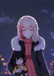  absurdres black_jacket blonde_hair character_doll closed_eyes clouds commentary_request doll fur-trimmed_jacket fur_trim girls_frontline highres holding holding_doll jacket lamppost long_hair looking_at_viewer m4_sopmod_ii_(girls&#039;_frontline) multicolored_hair naru_peng night night_sky partial_commentary red_sweater ro635_(girls&#039;_frontline) sky smile streaked_hair sweater 