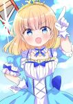  1girl :d arm_up blonde_hair blue_dress blue_eyes blue_ribbon blue_sky blunt_bangs blush bow bowtie breasts clouds cloudy_sky dress elbow_gloves eyebrows_hidden_by_hair frilled_dress frills gloves hand_on_own_hip highres index_finger_raised jewelry lace_trim looking_at_viewer mia_luna_tearmoon nanami_ayane_(kusunoki5050) neck_ribbon open_mouth puffy_short_sleeves puffy_sleeves ribbon short_hair short_sleeves sky smile solo standing tearmoon_teikoku_monogatari tiara upper_body white_gloves wrist_cuffs 