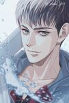  1boy aqua_eyes bertolt_hoover black_hair commentary_request highres looking_at_viewer male_focus portrait shingeki_no_kyojin smile solo splashing sword twitter_username weapon yanase_814 