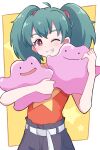  1girl ;) absurdres belt ditto duplica_(pokemon) green_hair highres holding holding_pokemon one_eye_closed pants piyo_to_game pokemon pokemon_(anime) pokemon_(classic_anime) pokemon_(creature) red_eyes red_shirt shirt smile star_(symbol) twintails upper_body white_belt 