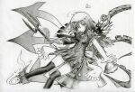  1girl asymmetrical_wings bow bowtie breasts closed_mouth commentary_request dress feathers foot_out_of_frame footwear_bow frilled_dress frills graphite_(medium) greyscale hair_between_eyes hiddenn holding holding_polearm holding_weapon houjuu_nue looking_at_viewer medium_bangs monochrome polearm shoes short_hair short_sleeves simple_background small_breasts smile snake solo split_mouth thigh-highs touhou traditional_media trident ufo weapon wings 