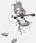  1girl acoustic_guitar animal_ears aqua_eyes closed_mouth crossed_legs domino_mask el_condor_pasa_(umamusume) guitar high_ponytail highres holding holding_guitar holding_instrument horse_ears horse_girl horse_tail instrument loafers long_hair mask oo_sungnim partially_colored ponytail sailor_collar school_uniform shirt shoes short_sleeves sitting skirt smile solo tail thigh-highs tracen_school_uniform umamusume 