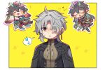  3boys :d @_@ aqua_horns arms_up black_coat black_hair blush_stickers boots border chibi chibi_inset closed_eyes coat collared_coat commentary_request dan_heng_(honkai:_star_rail) dan_heng_(imbibitor_lunae)_(honkai:_star_rail) earrings eyeliner eyes_visible_through_hair full_body gloom_(expression) gloves grey_hair grey_pants hair_over_one_eye hara_(nanohara) heart highres honkai:_star_rail honkai_(series) horns invisible_chair jewelry knee_boots leg_up long_hair long_sleeves makeup male_focus multiple_boys multiple_views no_nose open_clothes open_coat open_mouth outline pants parted_lips pointy_ears ponytail red_eyeliner shirt simple_background single_earring sitting smile spoken_sweatdrop star_(symbol) sweat sweatdrop tassel upper_body very_long_hair white_background white_border white_outline yellow_background yellow_shirt yingxing_(honkai:_star_rail) 