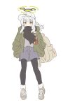  1girl absurdres backpack bag black_pantyhose black_scarf blue_archive blush full_body green_eyes green_jacket grey_footwear grey_hair grey_shirt grey_shorts halo hands_in_pockets hare_(blue_archive) hare_(camp)_(blue_archive) hat heimu_(heim_kstr) highres hood hood_down hooded_jacket jacket long_hair long_sleeves official_alternate_costume open_clothes open_jacket pantyhose ponytail scarf shirt shoes shorts simple_background solo white_background white_headwear 