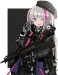  1girl beret black_headwear desert_tech_mdr girls_frontline gloves grey_gloves grey_hair gun hat holding holding_gun holding_weapon jacket long_hair looking_at_viewer mdr_(girls&#039;_frontline) multicolored_hair one_eye_closed open_mouth pink_eyes pink_hair poyason smile solo streaked_hair tactical_clothes weapon 
