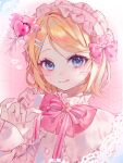  1girl absurdres blonde_hair blue_eyes blush frilled_shirt_collar frills hairband highres kagamine_rin lolita_fashion lolita_hairband looking_at_viewer multiple_hairpins pink_nails pink_ribbon portrait ribbon sakuka7488 sakura_rin short_hair smile solo tongue tongue_out twitter_username vocaloid 