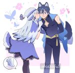  1boy 1girl afterimage animal_ears arms_behind_back black_thighhighs blue_cape blue_capelet blue_eyes blue_hair blue_skirt borrowed_character bug butterfly cape capelet closed_eyes clothing_cutout commission flower fox_boy fox_ears fox_girl fox_tail gloves hat hetero highres kiss kissing_cheek leaning_forward medium_skirt miyage_no_nukegara motion_lines original skeb_commission skirt sweatdrop tail thigh-highs tiptoes watermark white_gloves white_hair white_headwear 