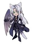  1boy animal_ears armor belt belt_buckle black_belt black_coat black_footwear black_gloves black_pants black_wings boots brown_belt buckle cat_boy cat_ears cat_tail chest_strap chibi coat commentary feathered_wings final_fantasy final_fantasy_vii full_body gloves green_eyes grey_hair hand_up highres knee_boots light_smile long_bangs long_coat long_hair long_sleeves looking_to_the_side male_focus pants parted_bangs pauldrons sekiyu_0h sephiroth shoulder_armor simple_background single_wing slit_pupils solo standing tail white_background wings 