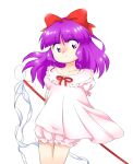  1girl bow gohei hair_bow hakurei_reimu hakurei_reimu_(pc-98) long_hair long_shirt nonamejd pink_shirt puffy_short_sleeves puffy_sleeves purple_hair red_bow red_ribbon ribbon shirt short_sleeves simple_background solo touhou touhou_(pc-98) violet_eyes white_background 