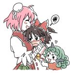  3girls ascot bandaged_arm bandages blush bow bun_cover chinese_clothes closed_eyes curly_hair detached_sleeves double_bun false_arm false_limb flower frilled_bow frilled_hair_tubes frills green_hair hair_bow hair_bun hair_tubes hakurei_reimu heart horns hug hug_from_behind ibaraki_kasen komano_aunn long_hair multiple_girls open_mouth pink_eyes pink_flower pink_hair pink_rose re_ghotion red_bow red_shirt ribbon-trimmed_sleeves ribbon_trim rose shirt short_hair simple_background single_horn smile sweatdrop tabard touhou white_background yellow_ascot 