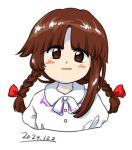  1girl 2023 brown_eyes brown_hair closed_mouth dated hair_ribbon long_hair looking_at_viewer nonamejd official_style parted_bangs red_ribbon ribbon rika_(touhou) simple_background solo touhou touhou_(pc-98) upper_body white_background zun_(style) 